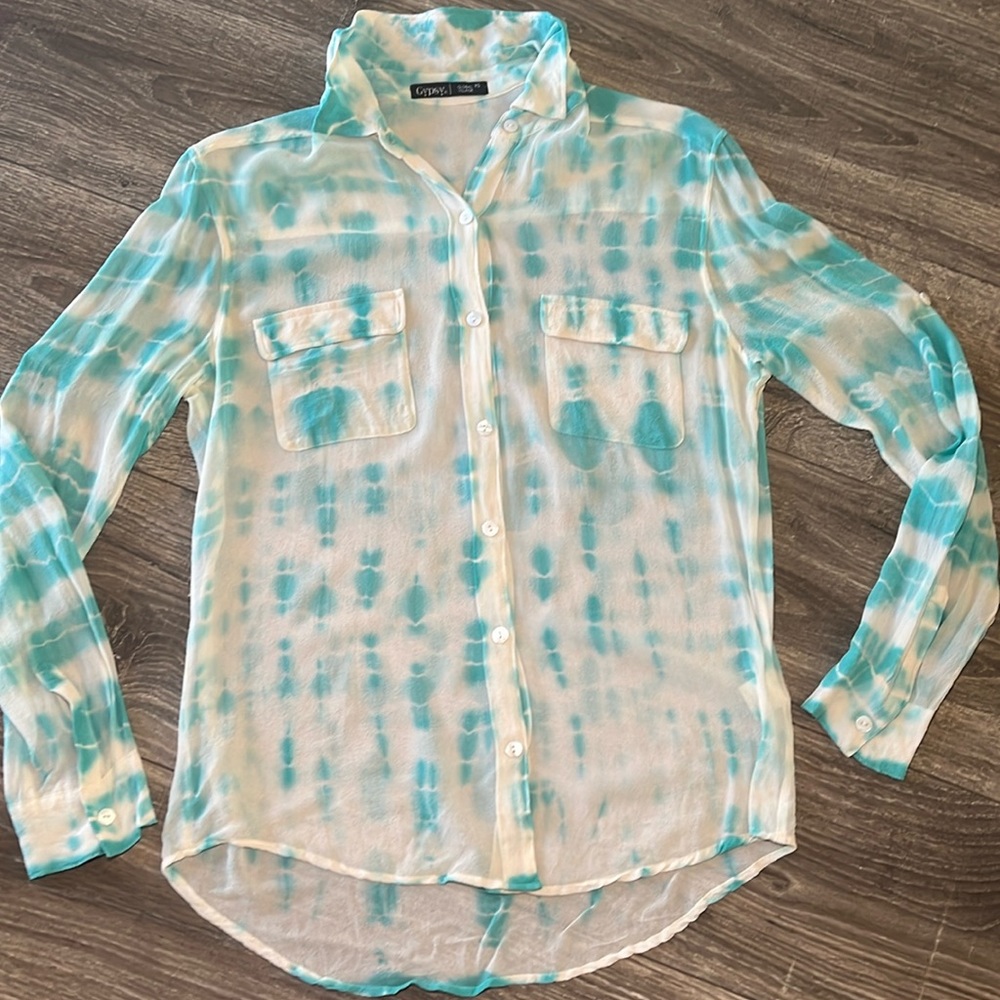 Gypsy 05 Global Village 100% Silk Tie Dyed Cream & Turquoise Button Down Blouse